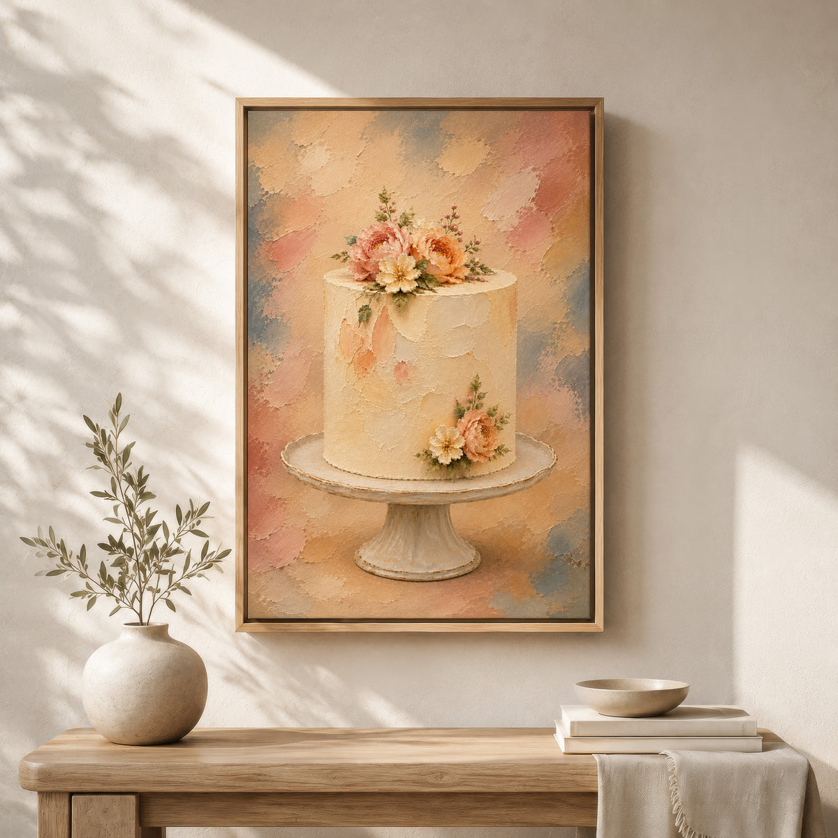 Cake Wall Art | Vintage Floral Painting | Framed Kitchen Canvas