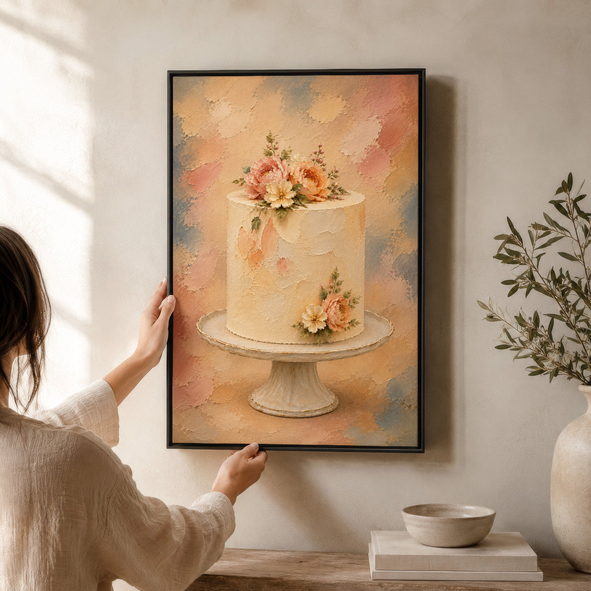 Cake Wall Art | Vintage Floral Painting | Framed Kitchen Canvas