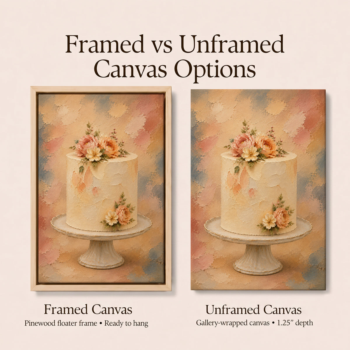 Cake Wall Art | Vintage Floral Painting | Framed Kitchen Canvas