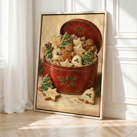 Framed Christmas Wall Art Canvas | Vintage Cookie Tin Kitchen Decor