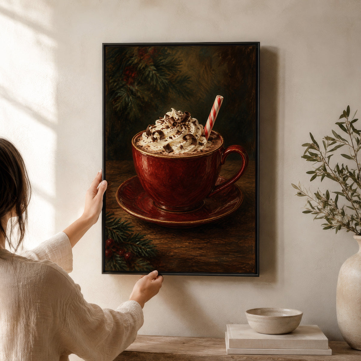 Framed Christmas Wall Art Canvas | Cozy Hot Cocoa Kitchen Decor