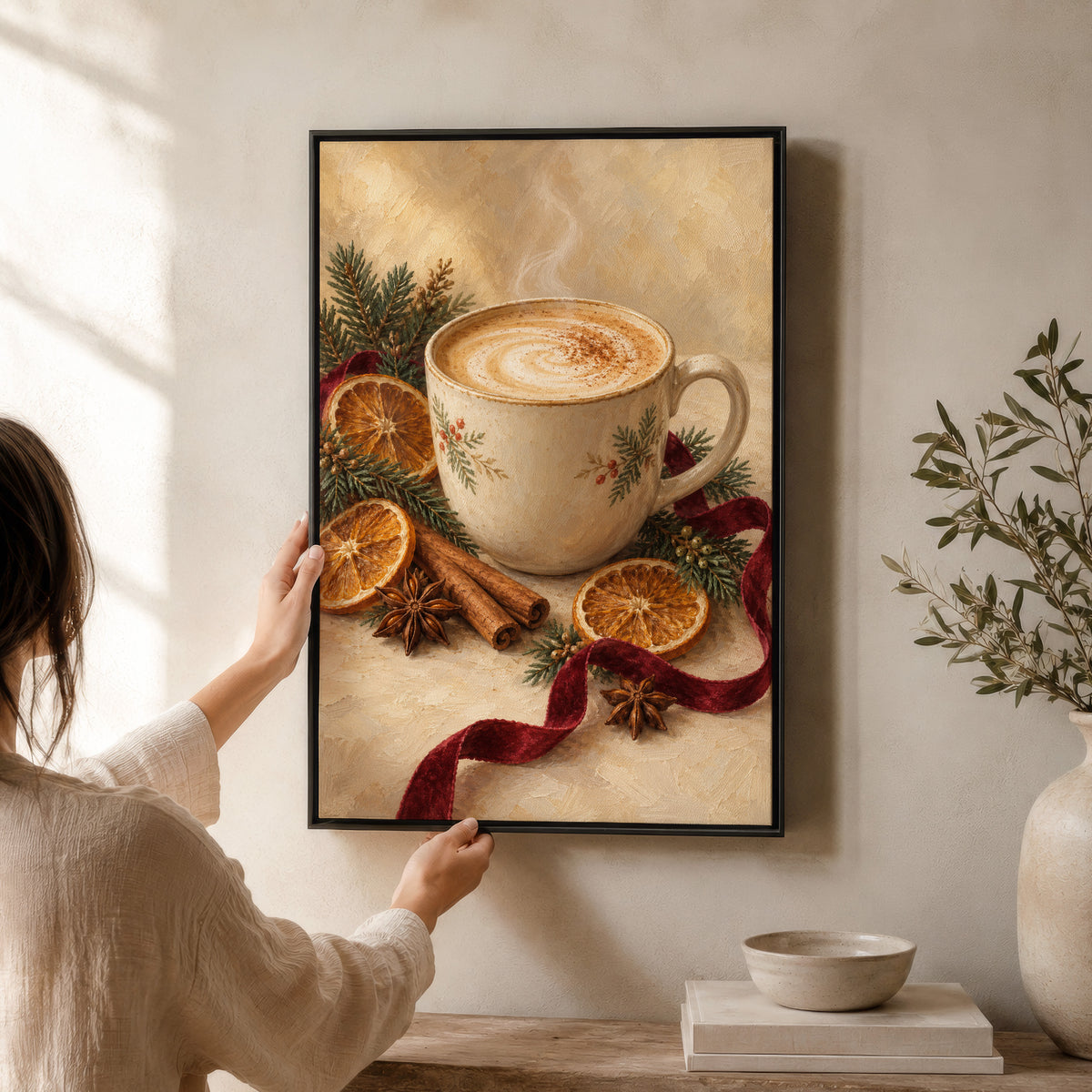 Framed Christmas Wall Art Canvas | Cozy Coffee-Themed Holiday Decor