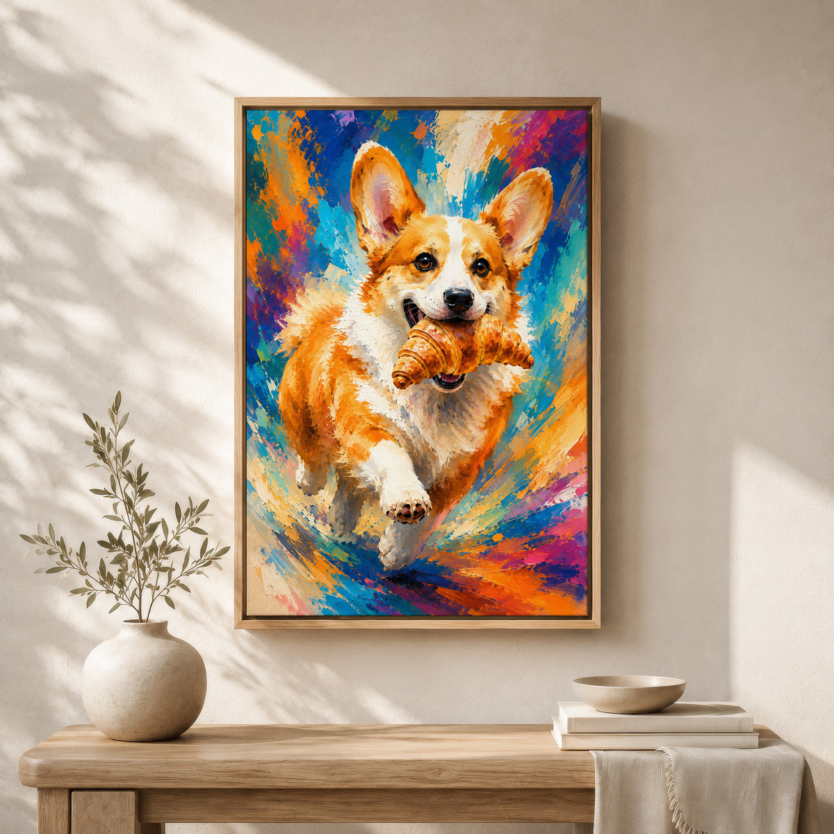 Corgi Wall Art with Croissant | Framed Kitchen Wall Art Canvas