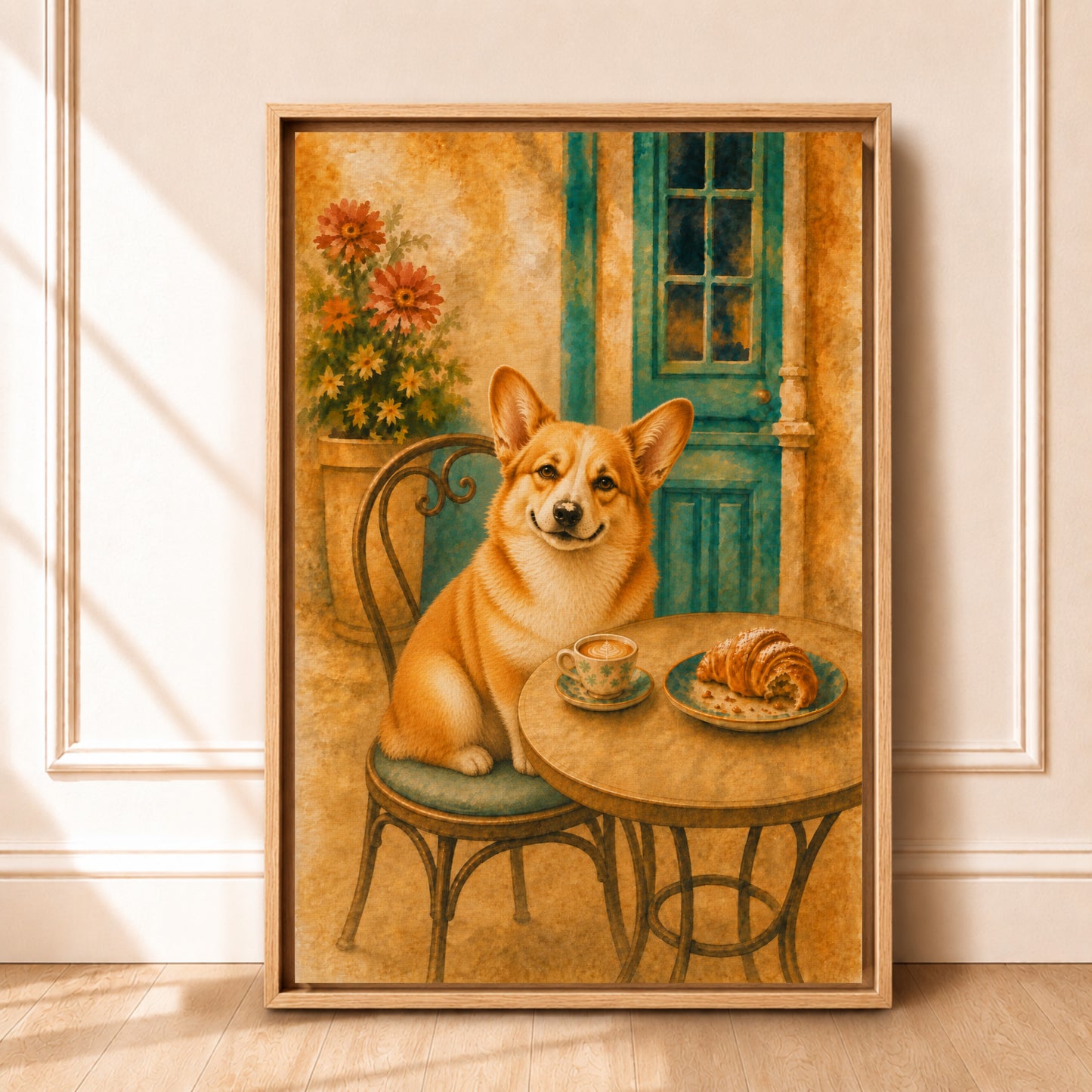 Corgi Kitchen Wall Art | Framed Café Canvas | Croissant Decor