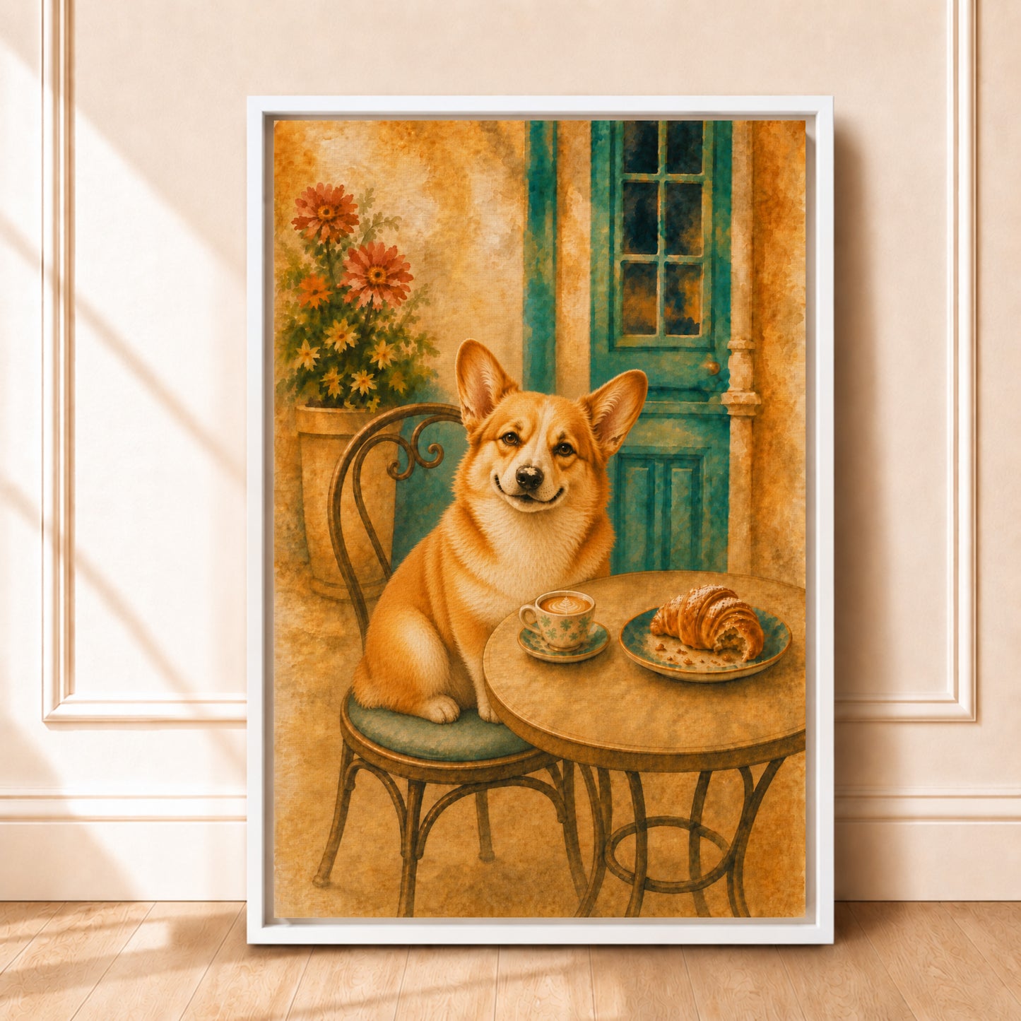 Corgi Kitchen Wall Art | Framed Café Canvas | Croissant Decor