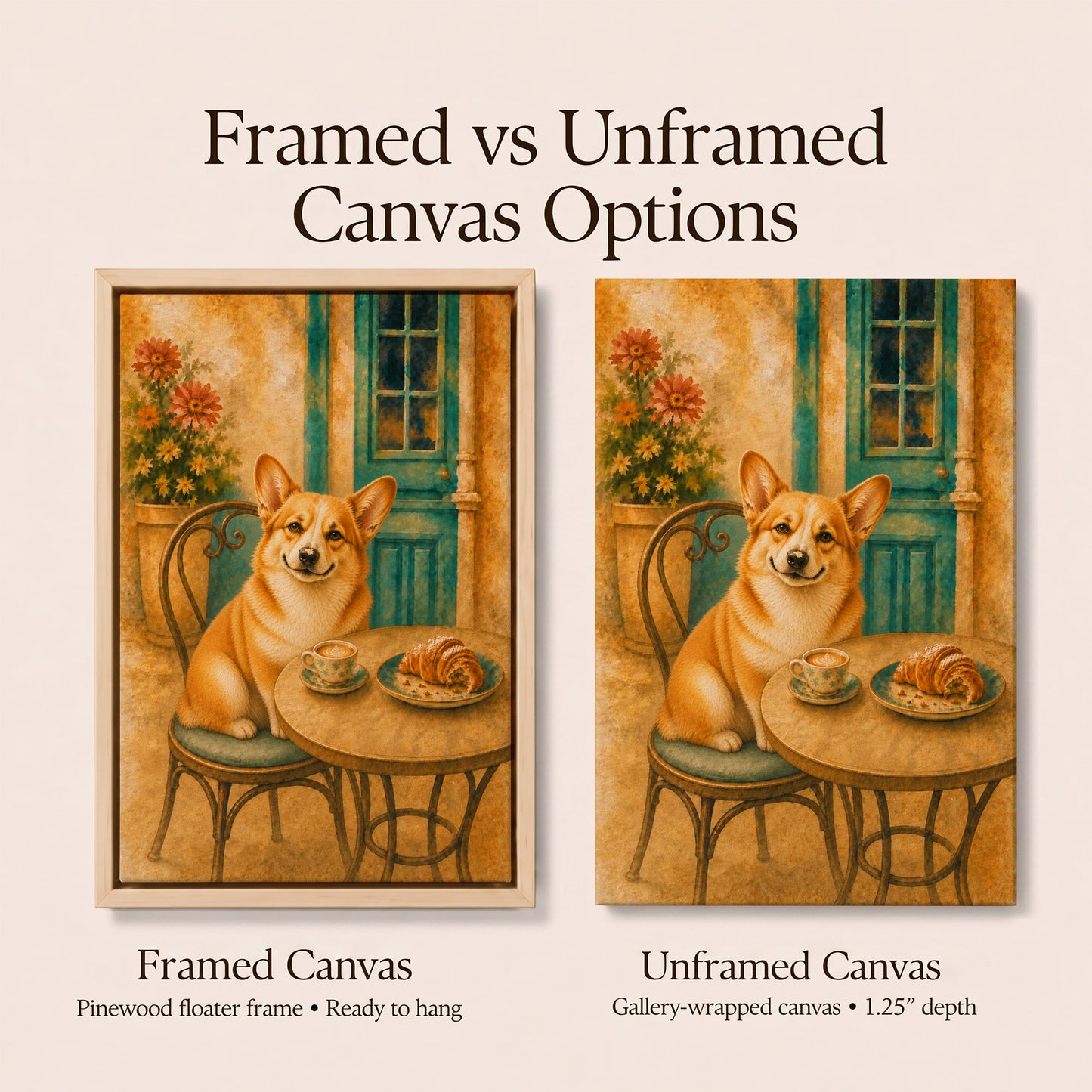 Corgi Kitchen Wall Art | Framed Café Canvas | Croissant Decor