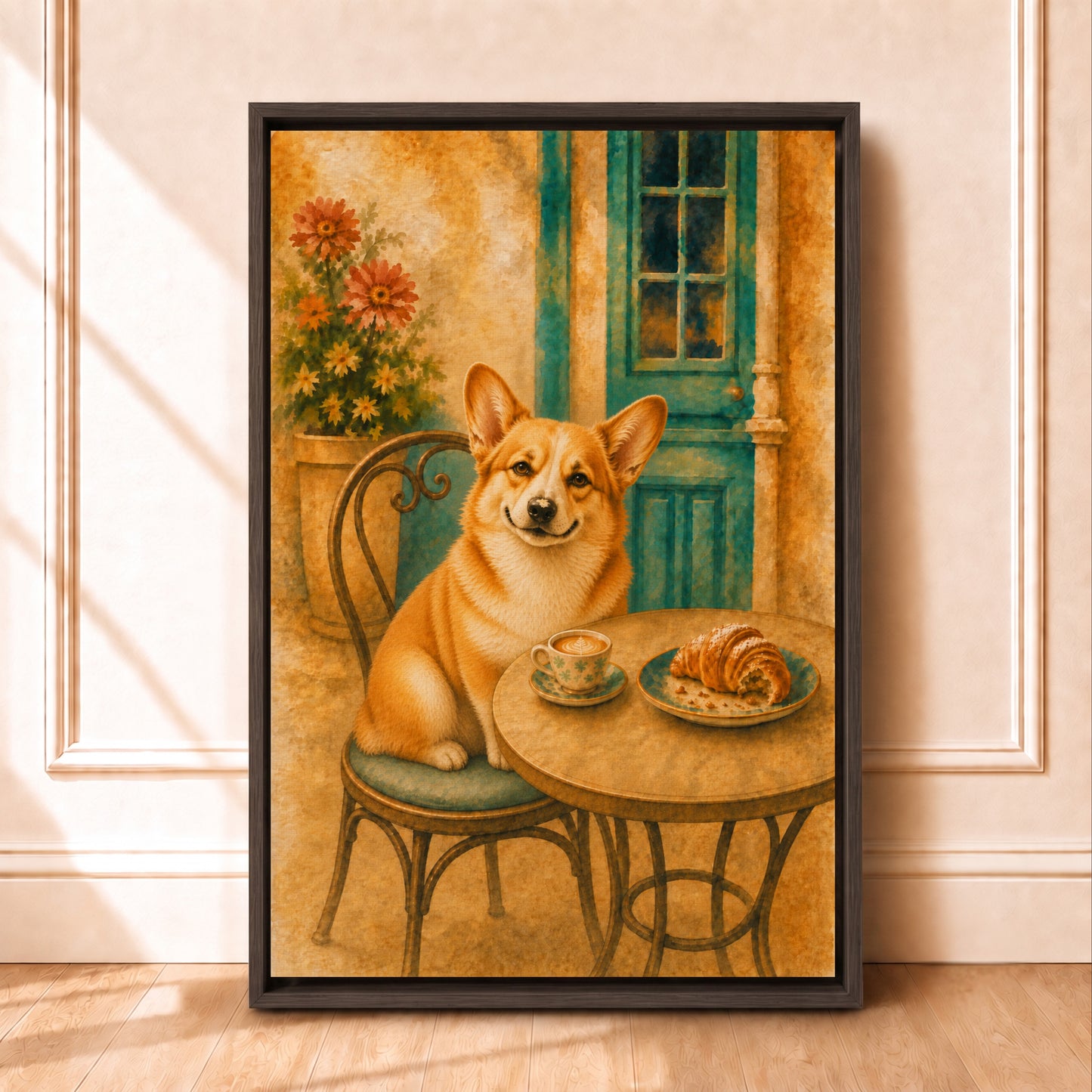 Corgi Kitchen Wall Art | Framed Café Canvas | Croissant Decor