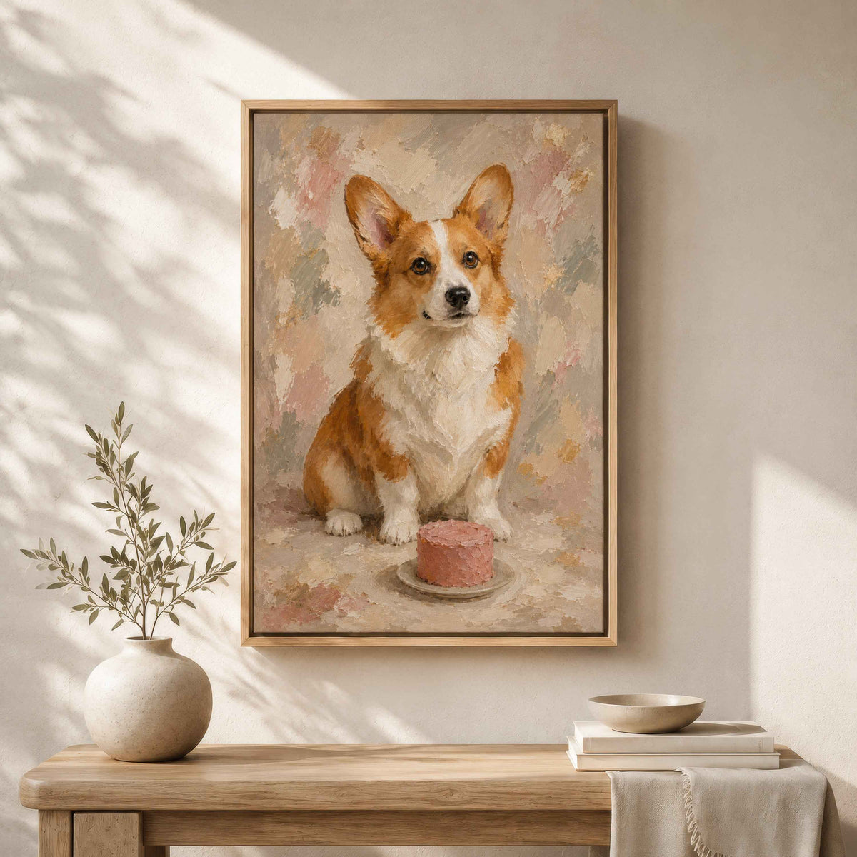 Corgi Wall Art with Pink Cake | Framed Kitchen Wall Art Canvas