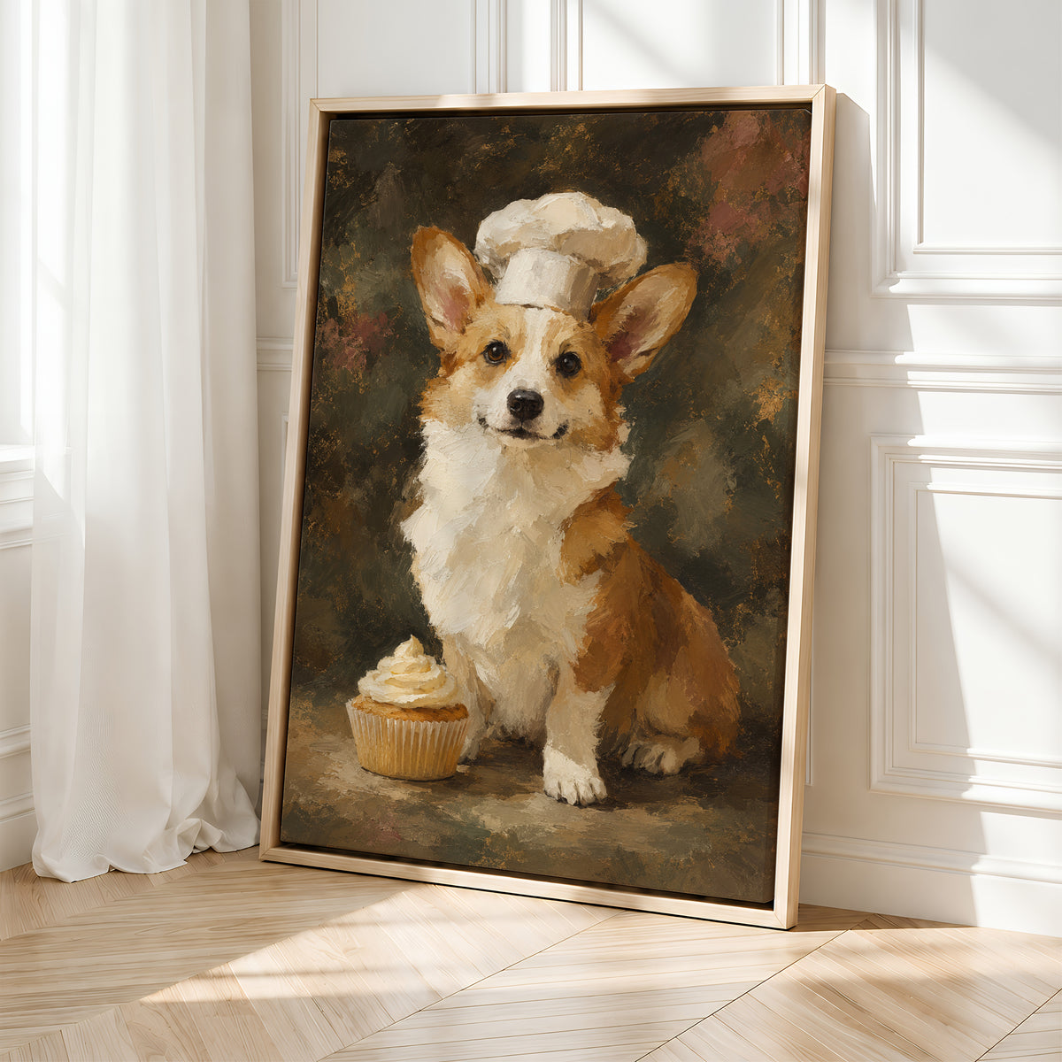 Corgi Wall Art Chef with Cupcake | Framed Kitchen Wall Art Canvas