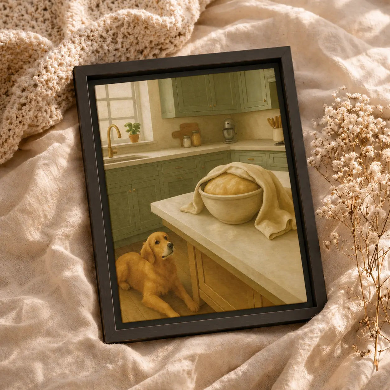 Patient Dough Watcher | Framed Dog Kitchen Wall Art Canvas