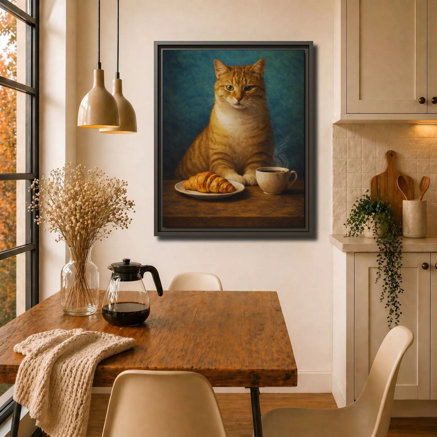 Croissant-Loving Tabby | Framed Kitchen Wall Art Canvas