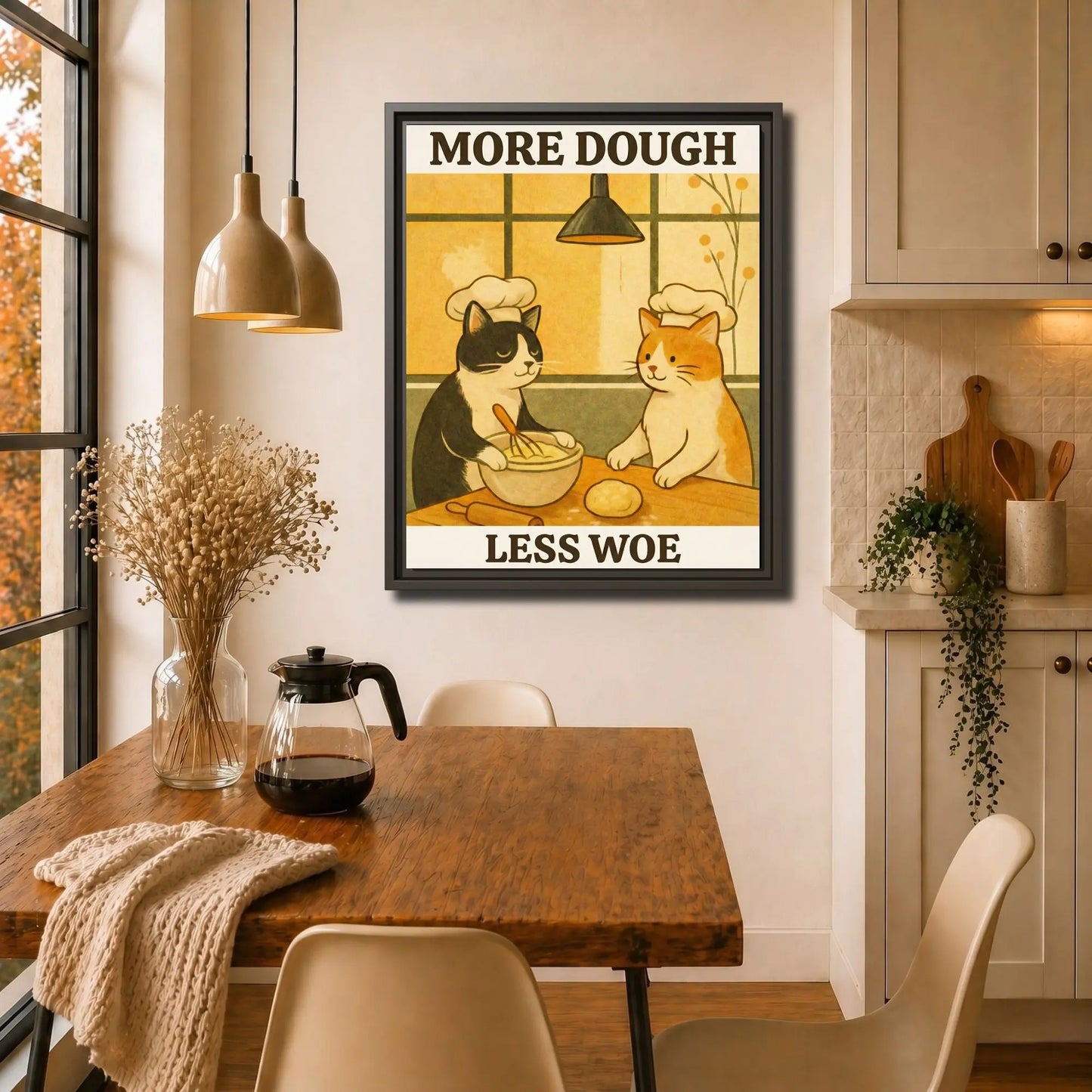 More Dough Less Woe Cat | Cat Lover Framed Kitchen Wall Art Canvas