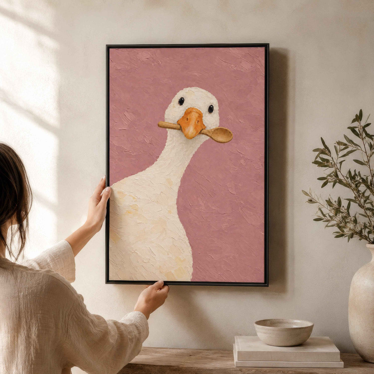 Framed Goose Wall Art Canvas | Pink Wall Decor