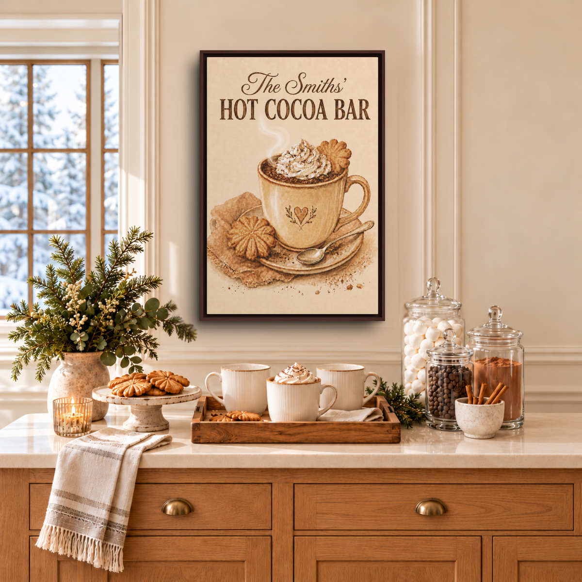 Personalized Hot Cocoa Bar Sign | Framed Kitchen Wall Art Canvas