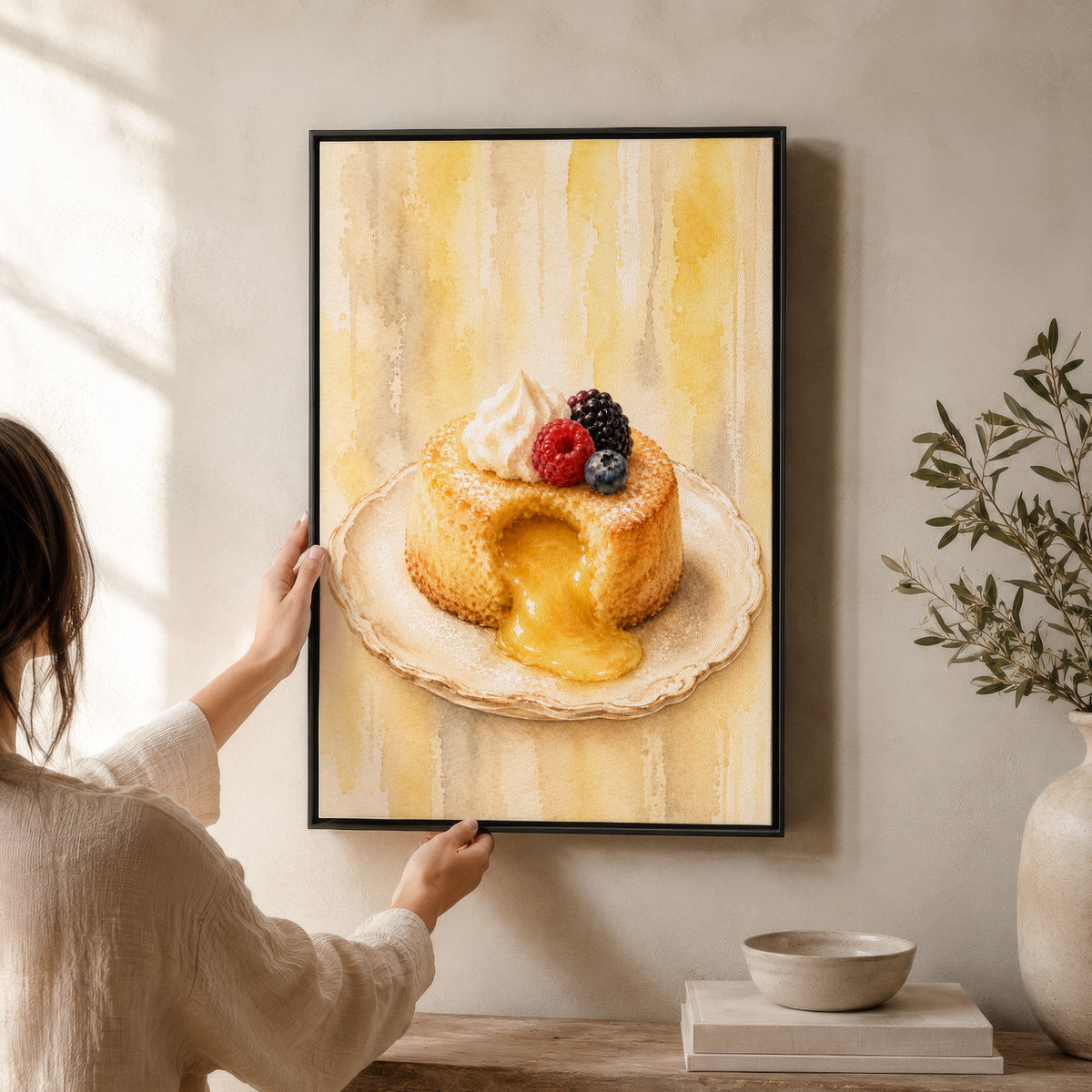 Cake Wall Art | Molten Lava Cake Painting | Framed Cozy Kitchen Canvas