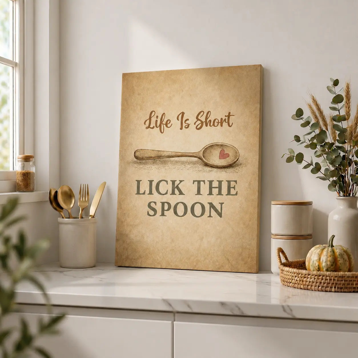 Life Is Short Lick the Spoon | Motivational Kitchen Wall Art Canvas