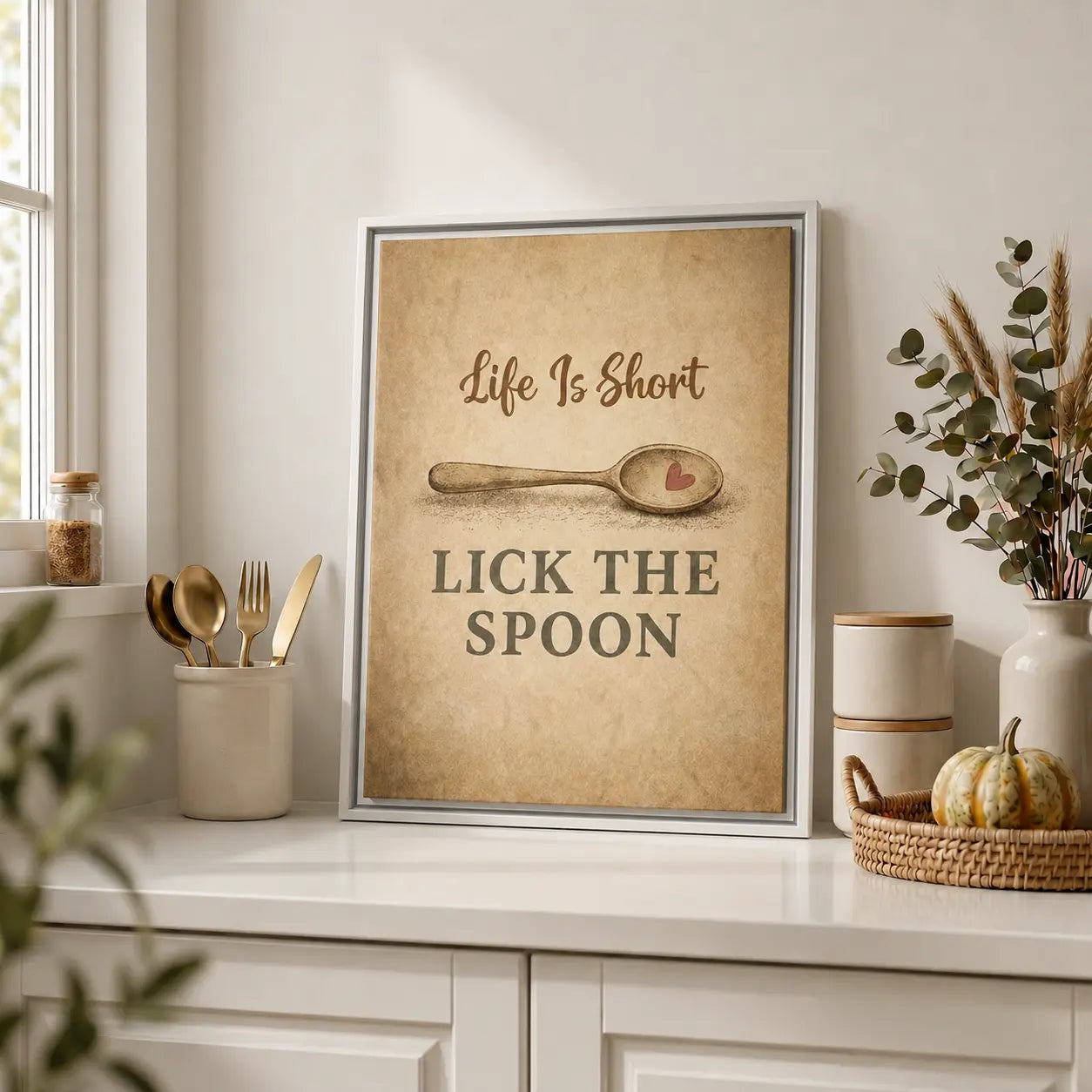Life Is Short Lick the Spoon | Framed Motivational Kitchen Wall Art Canvas