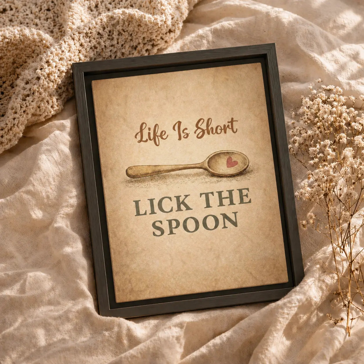 Life Is Short Lick the Spoon | Framed Motivational Kitchen Wall Art Canvas