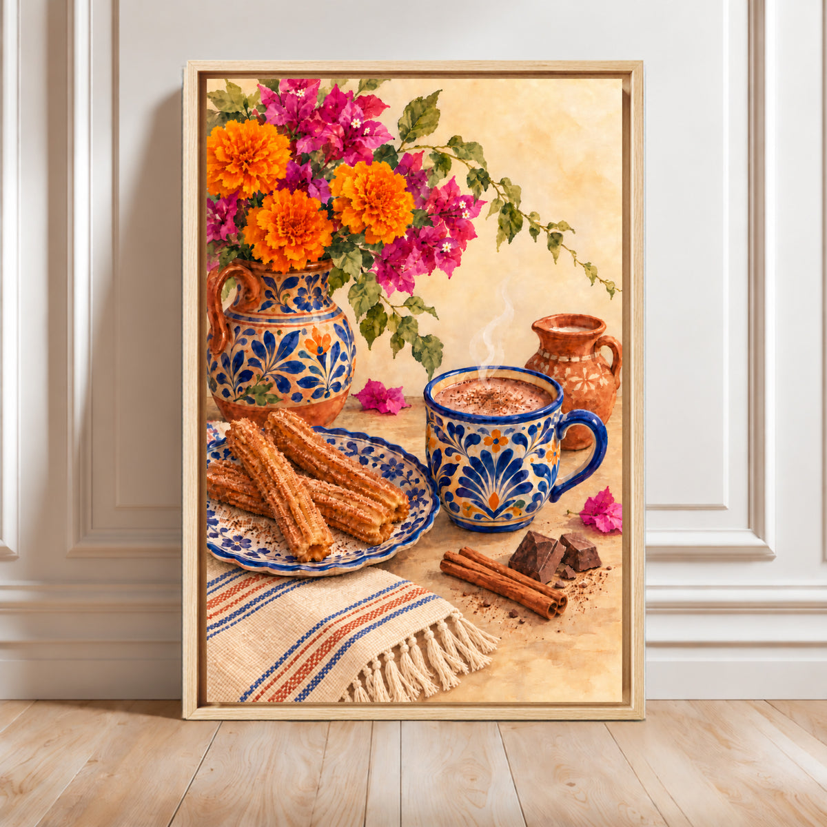 Mexican Wall Art Decor | Framed Churros and Hot Chocolate Print Canvas