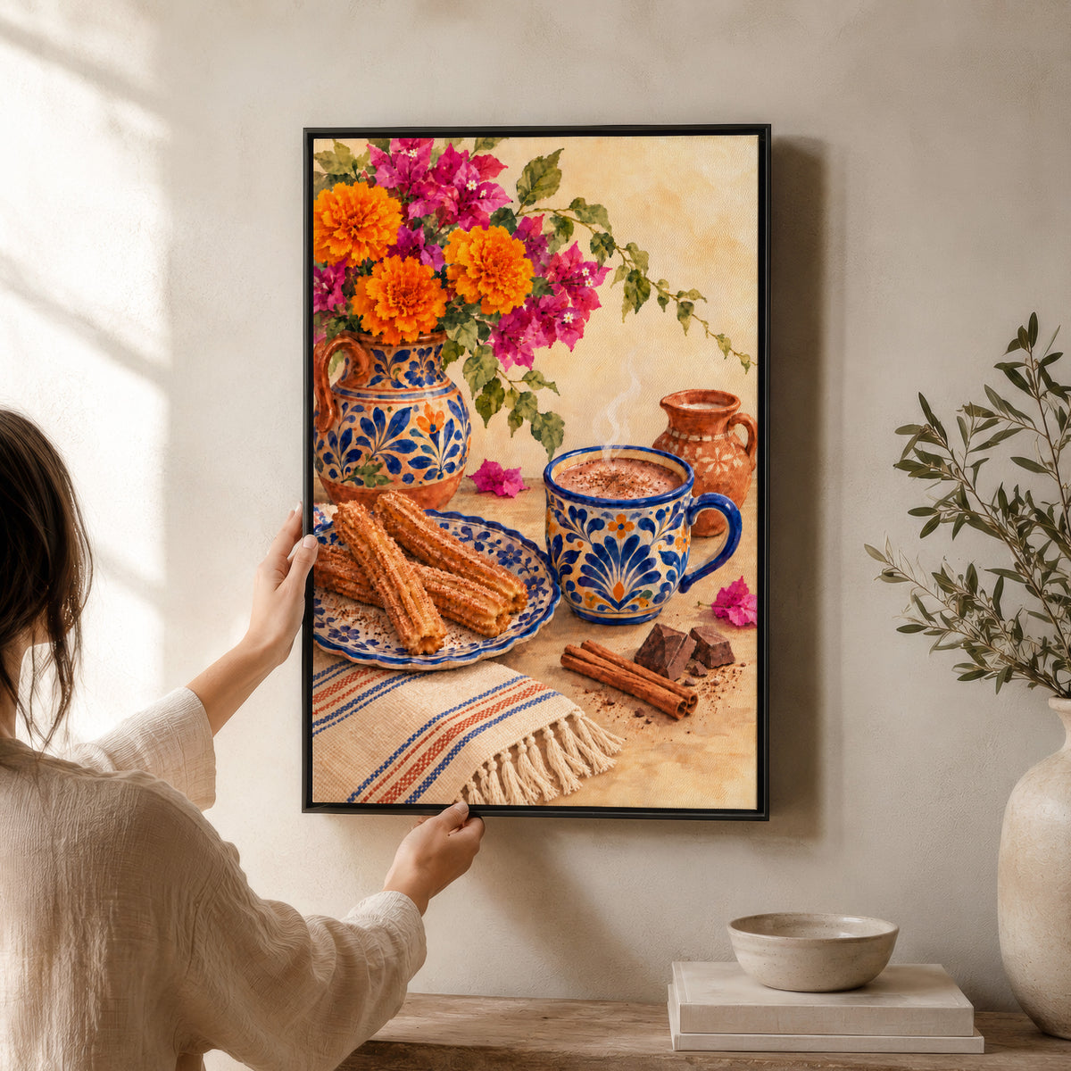 Mexican Wall Art Decor | Framed Churros and Hot Chocolate Print Canvas