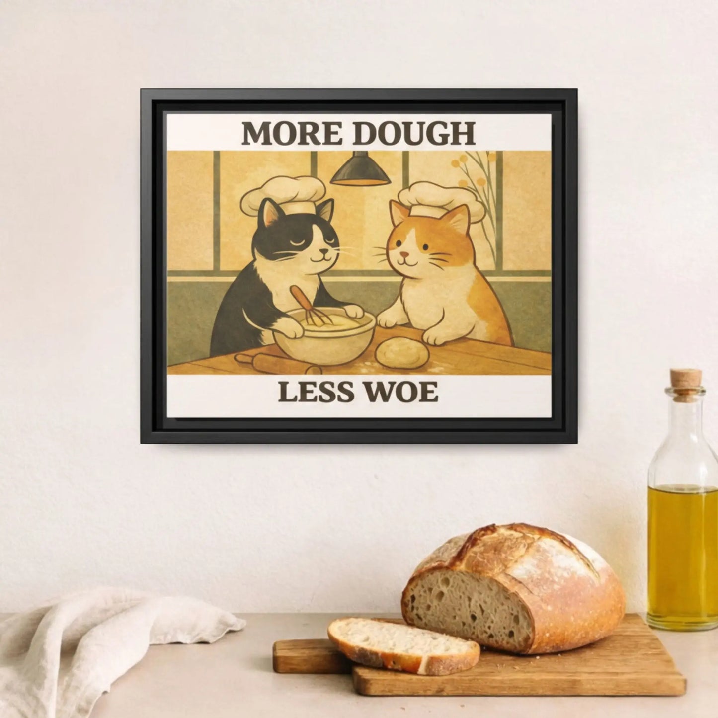 More Dough Less Woe Cat | Cat Lover Framed Kitchen Wall Art Canvas