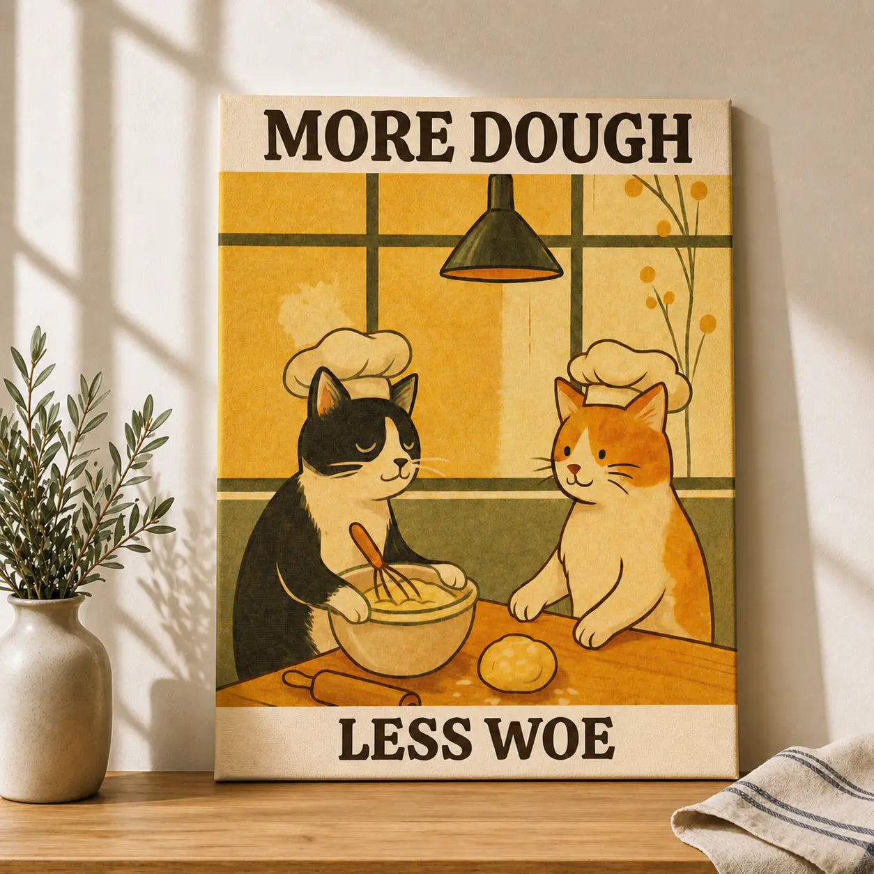 More Dough Less Woe | Cat Lover Kitchen Wall Art Canvas