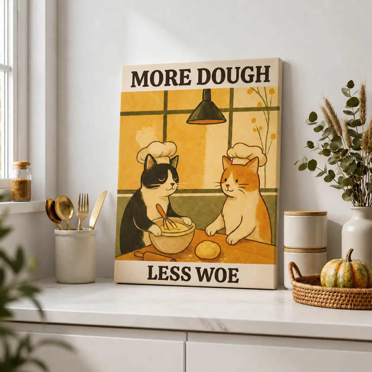 More Dough Less Woe | Cat Lover Kitchen Wall Art Canvas