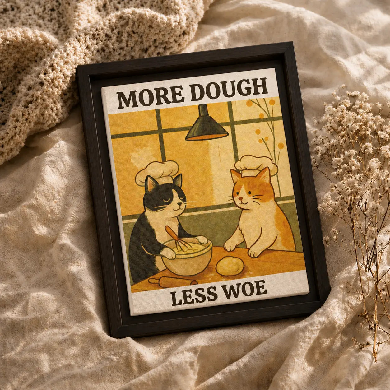 More Dough Less Woe Cat | Cat Lover Framed Kitchen Wall Art Canvas