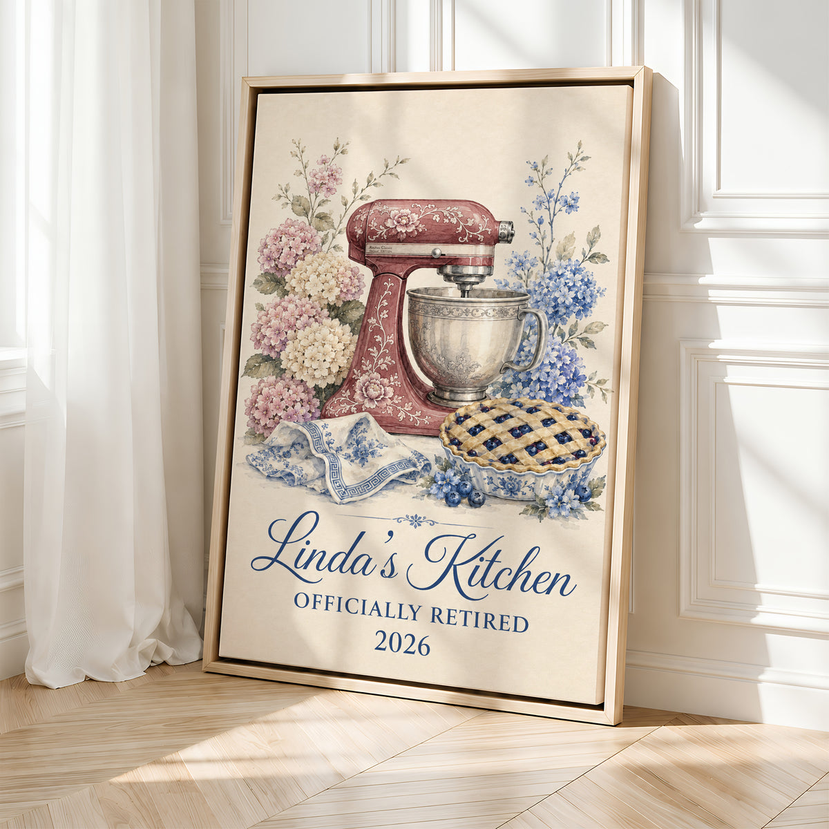 Personalized Wall Art | Burgundy Mixer & Hydrangeas Retirement Canvas