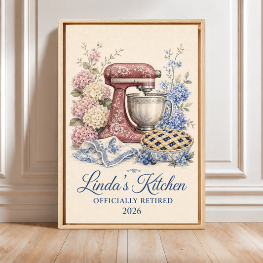 Personalized Wall Art | Burgundy Mixer & Hydrangeas Retirement Canvas