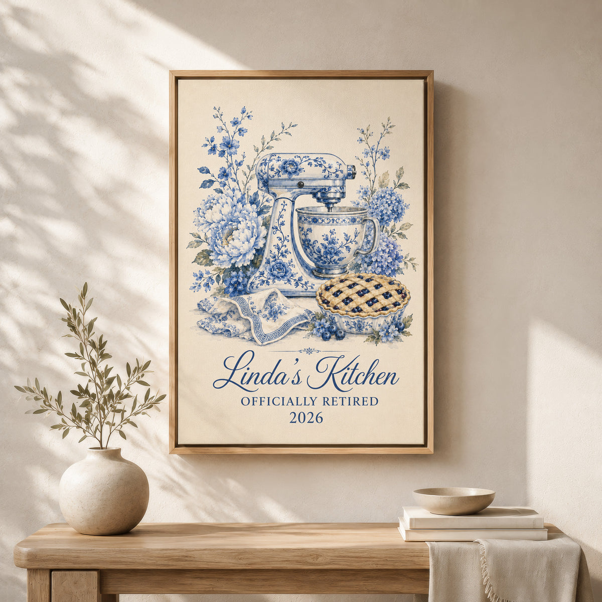 Personalized Wall Art | Framed Blue Floral Retirement Kitchen Canvas