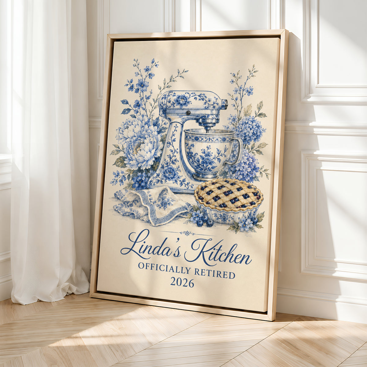 Personalized Wall Art | Framed Blue Floral Retirement Kitchen Canvas