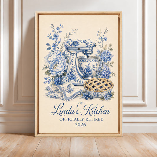 Personalized Wall Art | Framed Blue Floral Retirement Kitchen Canvas