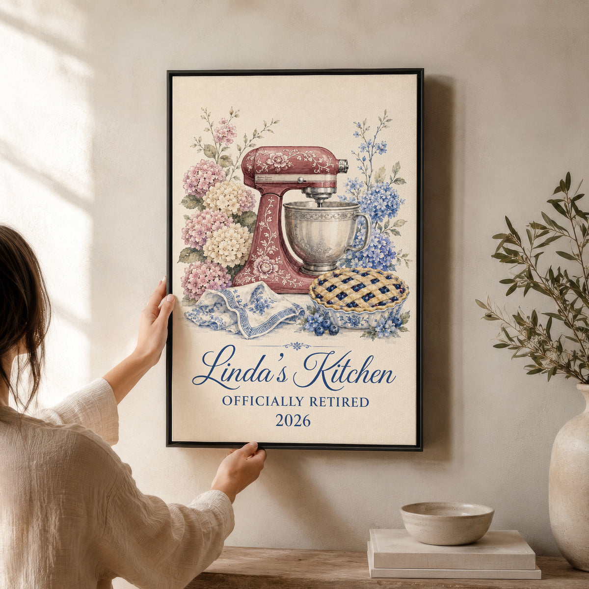Personalized Wall Art | Burgundy Mixer & Hydrangeas Retirement Canvas
