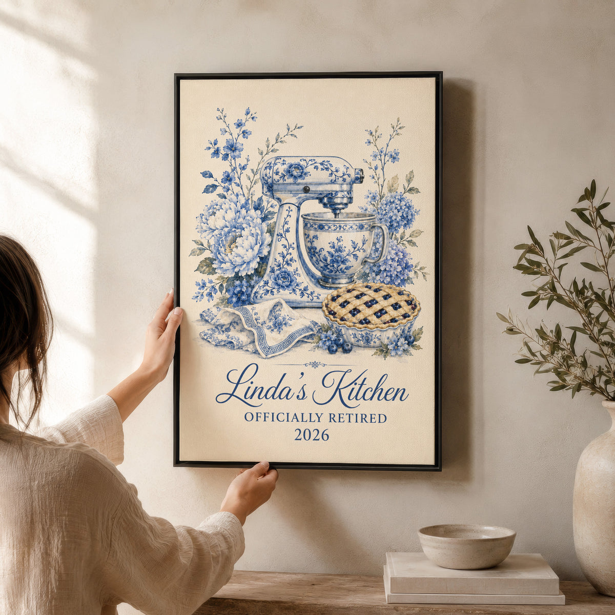 Personalized Wall Art | Framed Blue Floral Retirement Kitchen Canvas