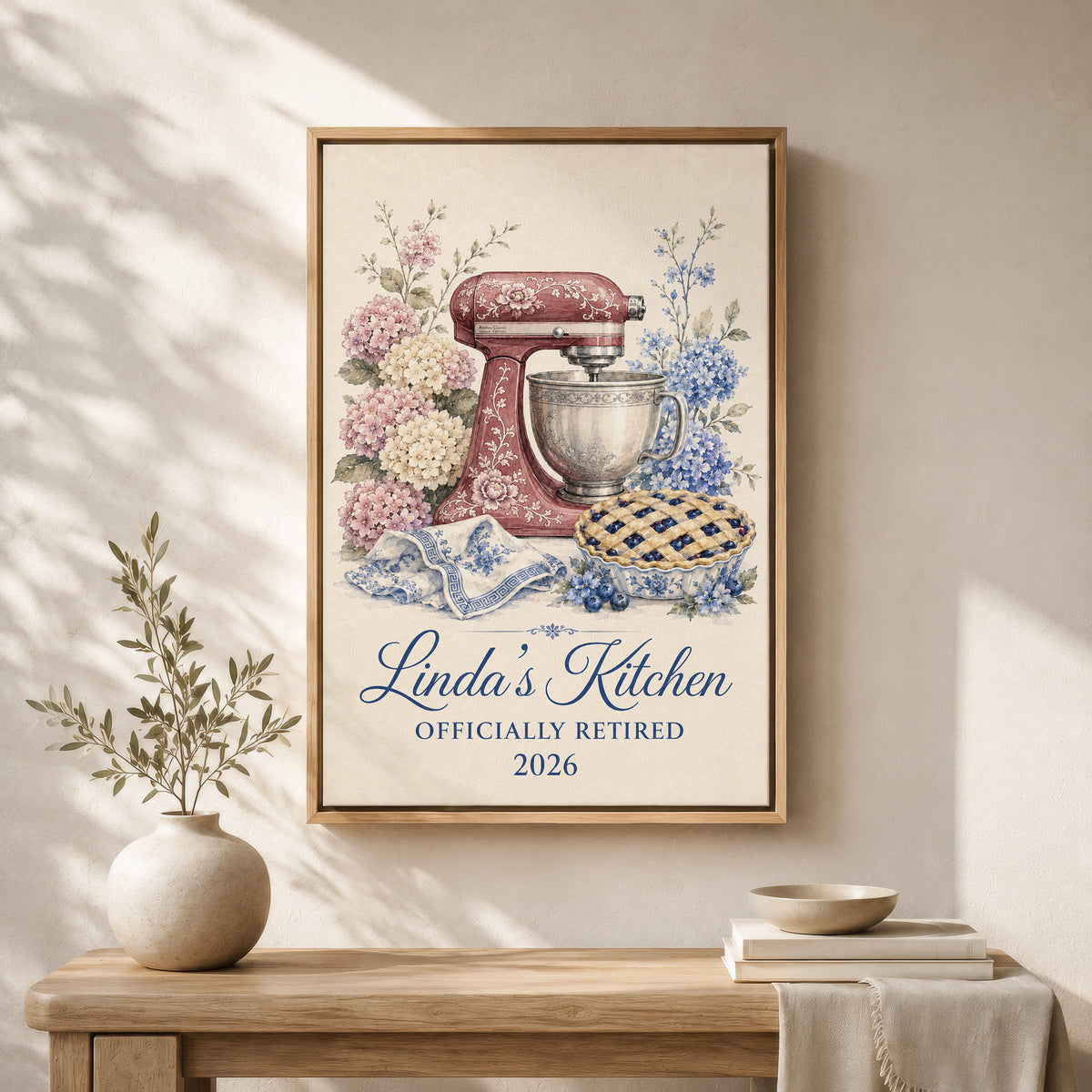Personalized Wall Art | Burgundy Mixer & Hydrangeas Retirement Canvas