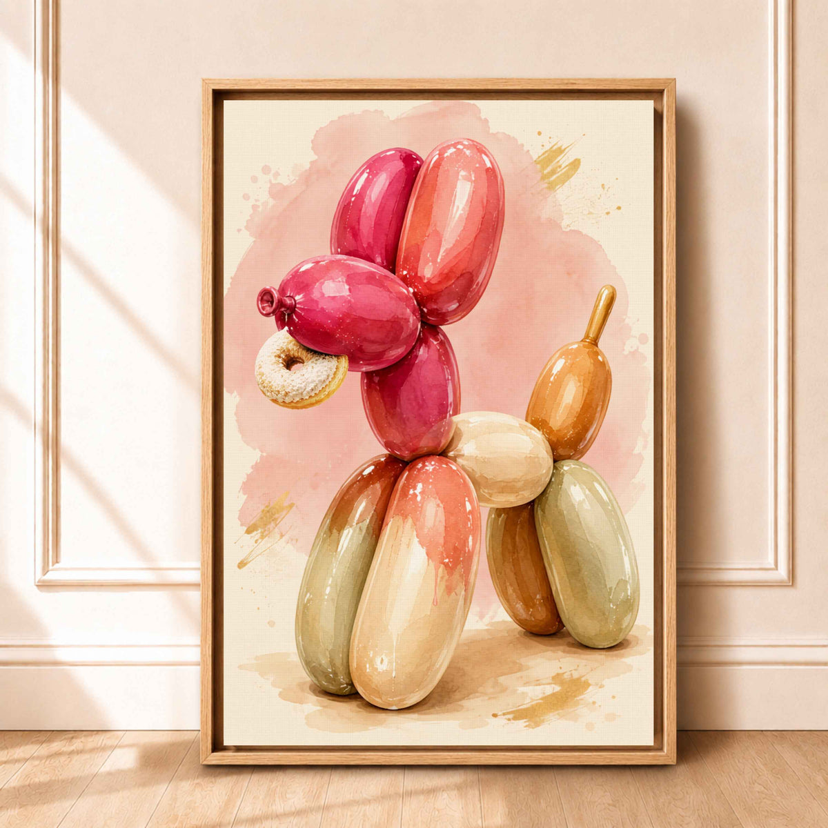 Balloon Dog Wall Art | Framed Pink Watercolor Canvas