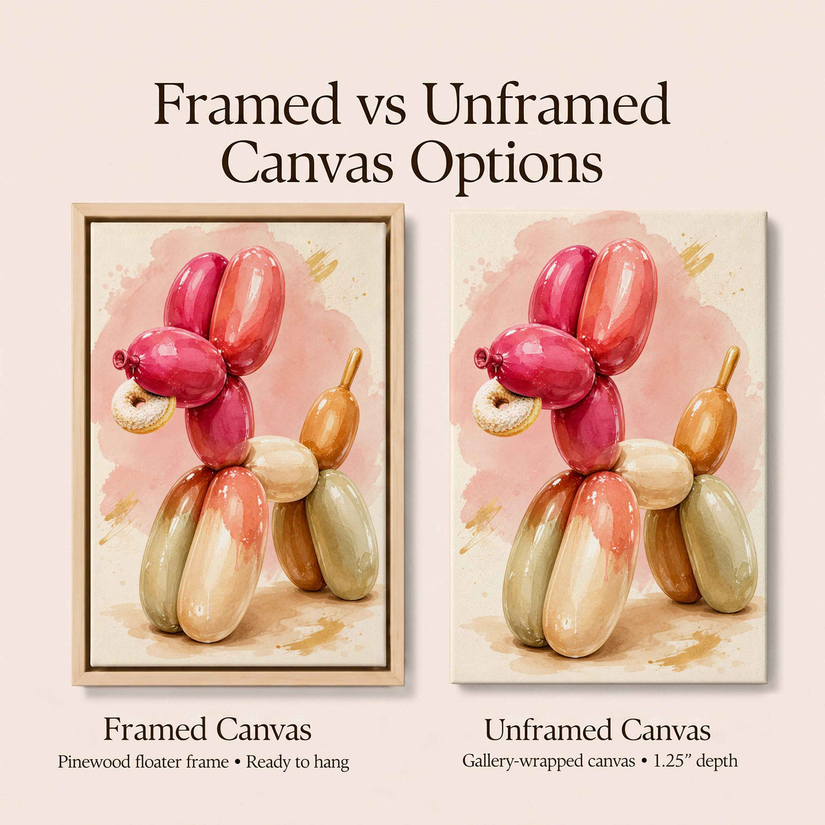 Balloon Dog Wall Art | Framed Pink Watercolor Canvas