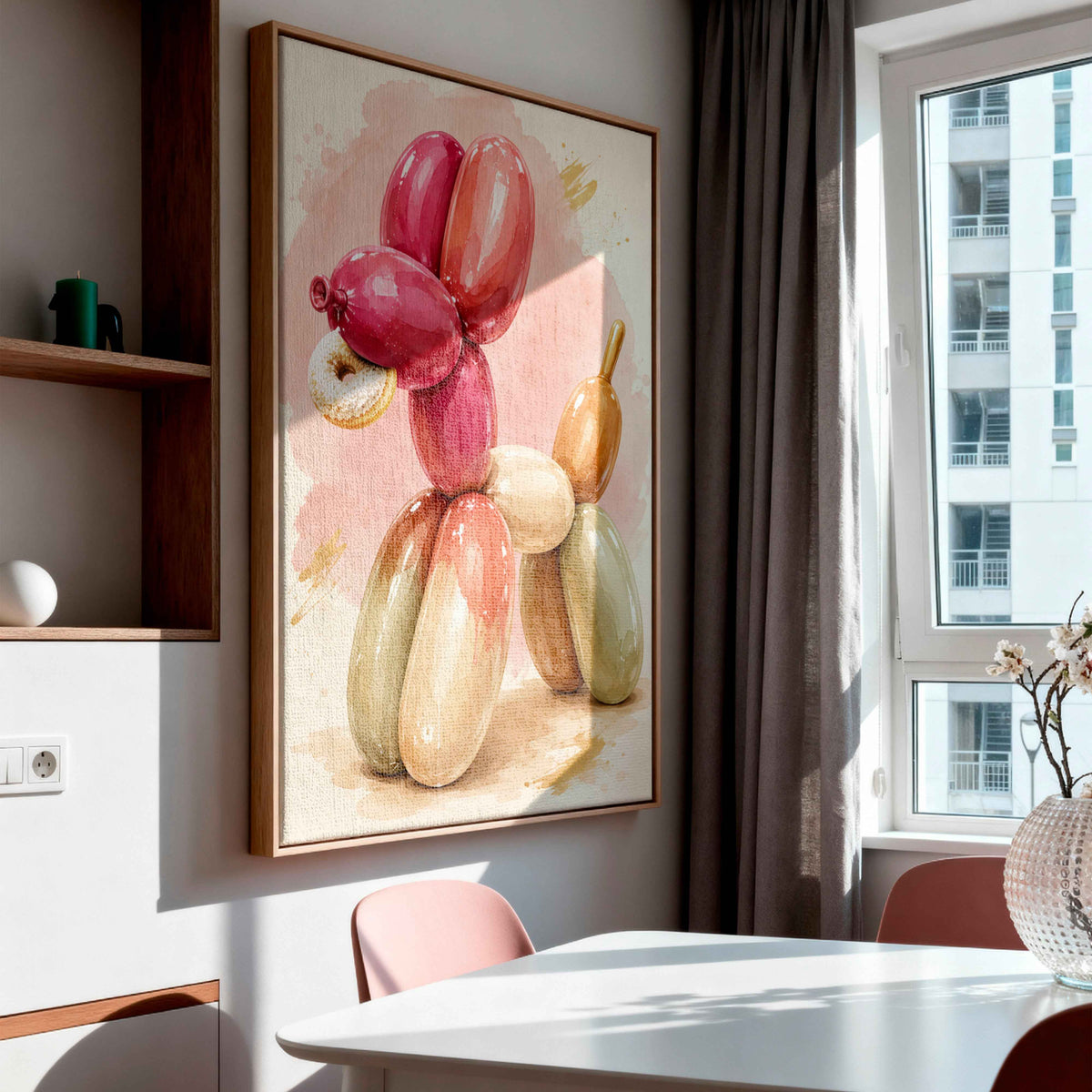 Balloon Dog Wall Art | Framed Pink Watercolor Canvas