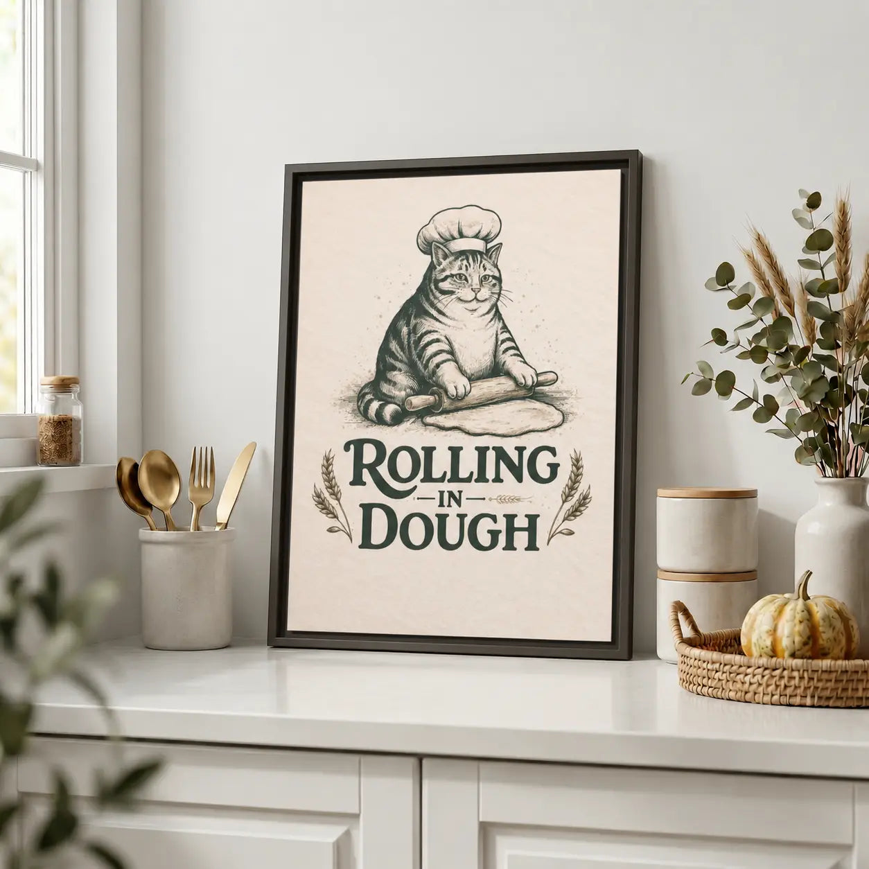 Rolling in Dough | Framed Cat Kitchen Wall Art Canvas