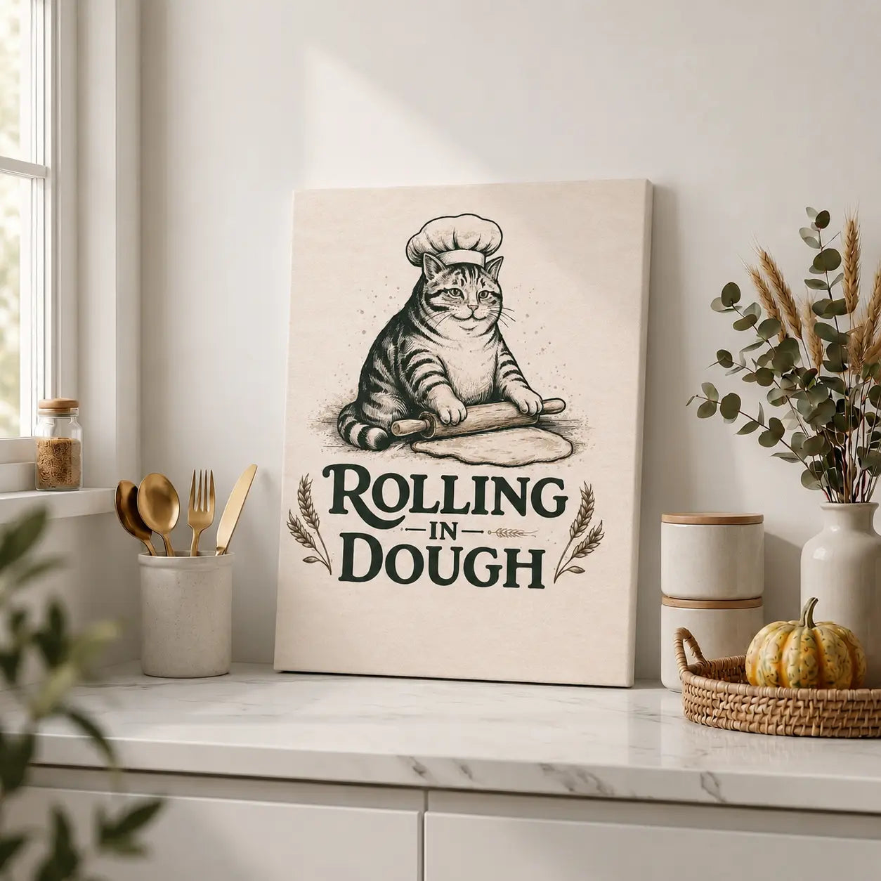 Rolling in Dough | Cat Kitchen Wall Art Canvas