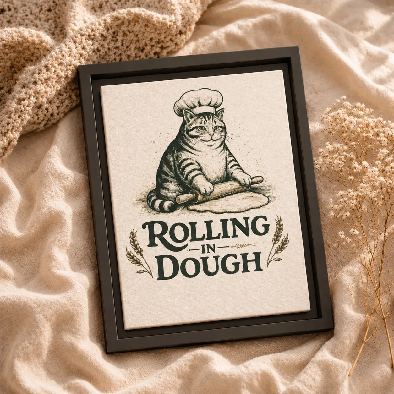Rolling in Dough | Framed Cat Kitchen Wall Art Canvas