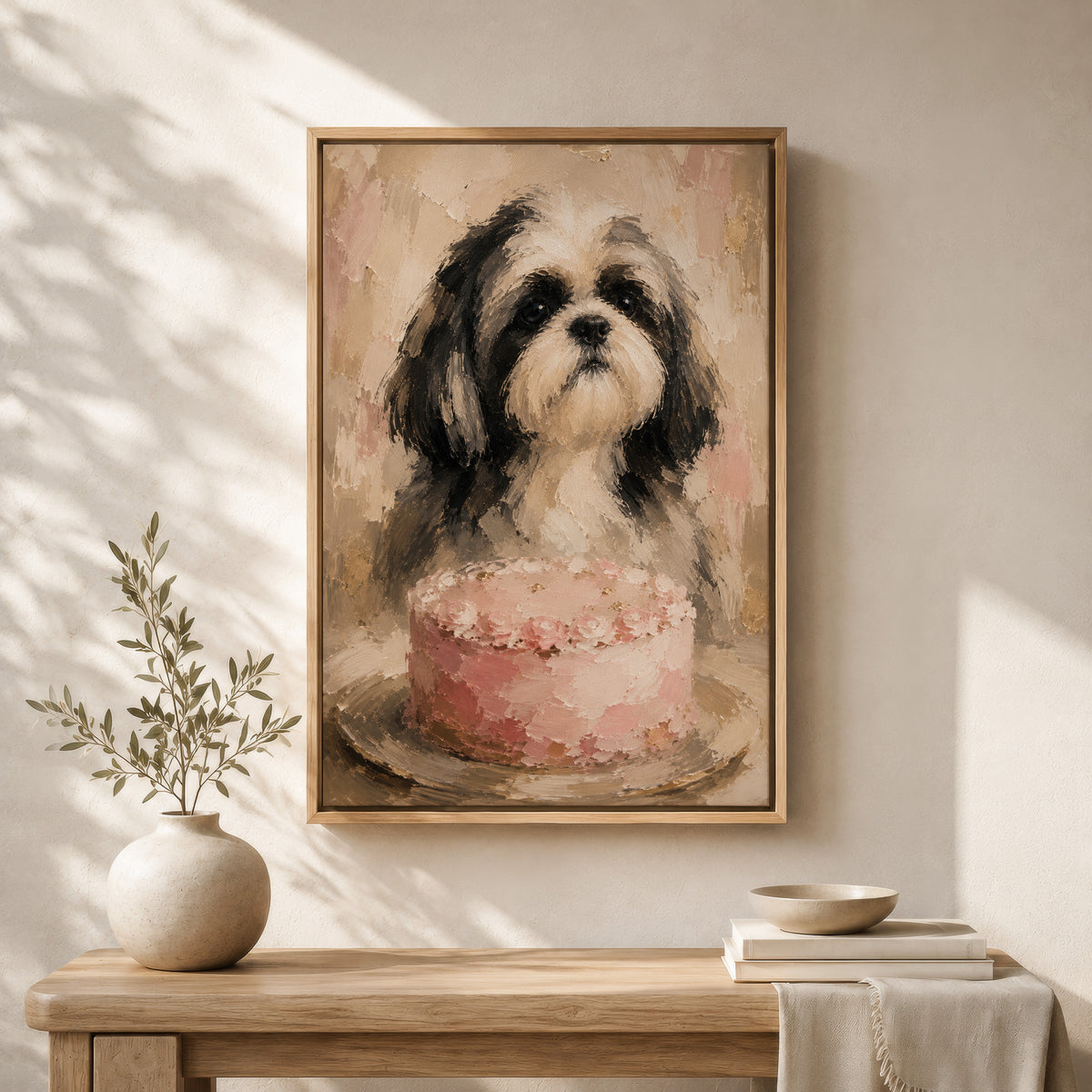 Shih Tzu Wall Art with Pink Cake | Framed Cute Dog Kitchen Decor Canvas