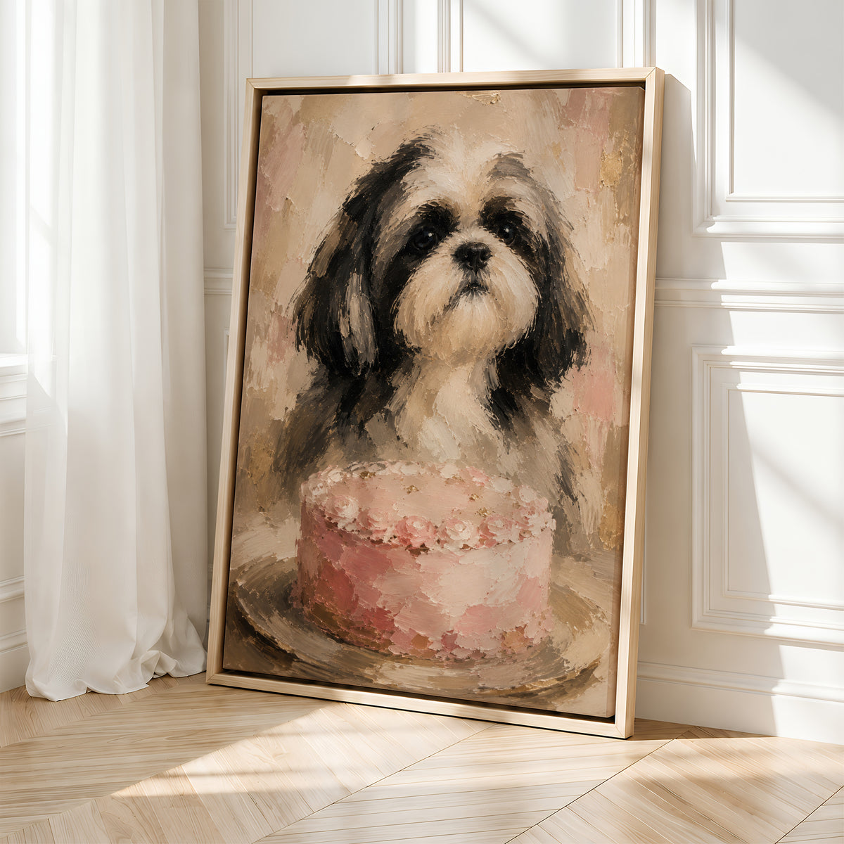 Shih Tzu Wall Art with Pink Cake | Framed Cute Dog Kitchen Decor Canvas