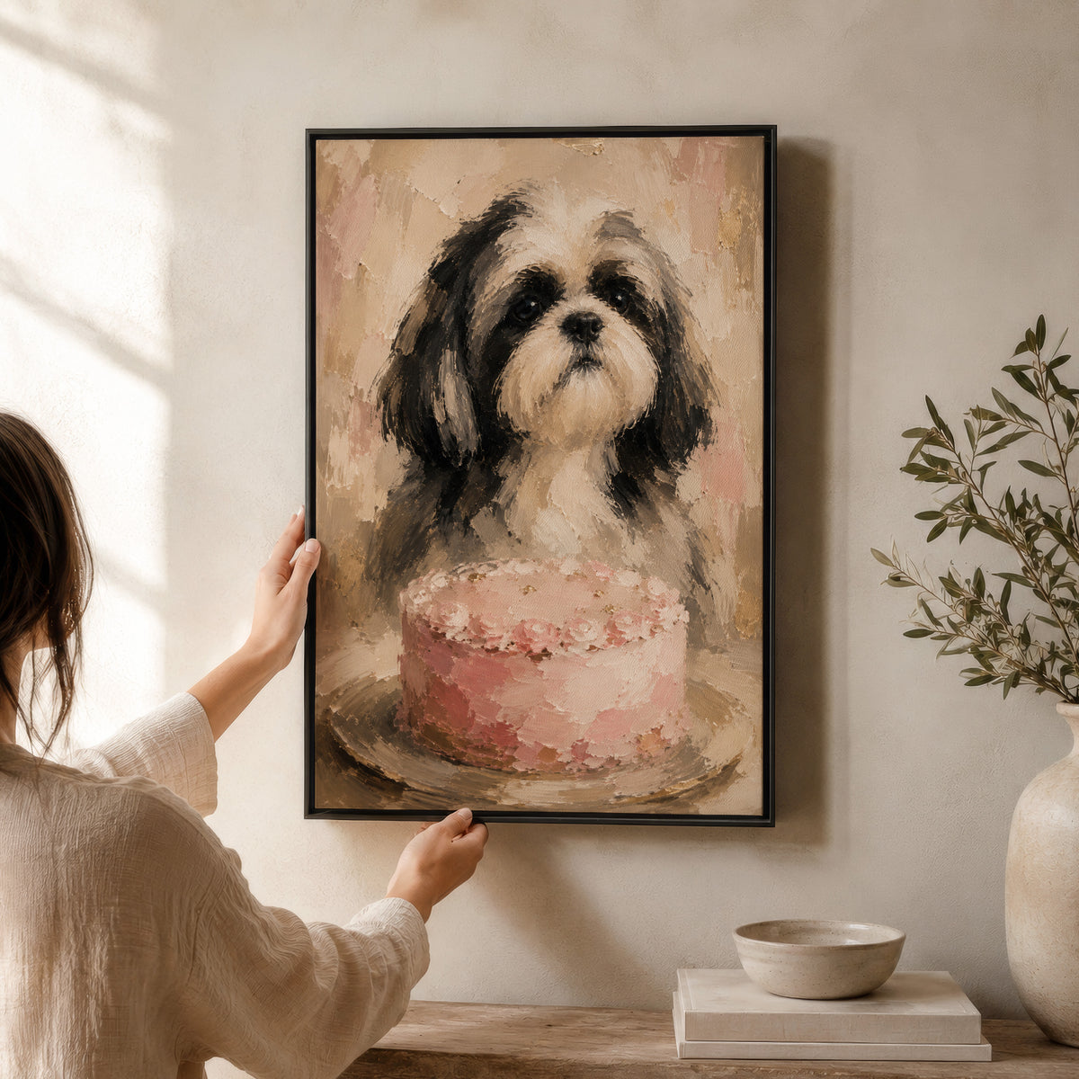 Shih Tzu Wall Art with Pink Cake | Framed Cute Dog Kitchen Decor Canvas