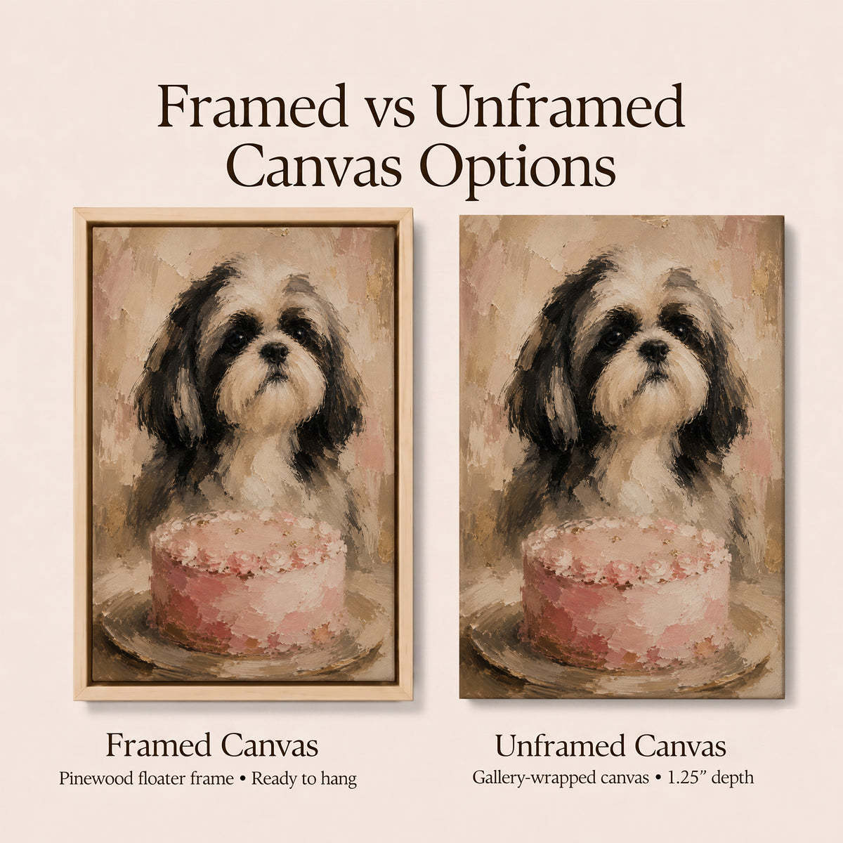Shih Tzu Wall Art with Pink Cake | Framed Cute Dog Kitchen Decor Canvas