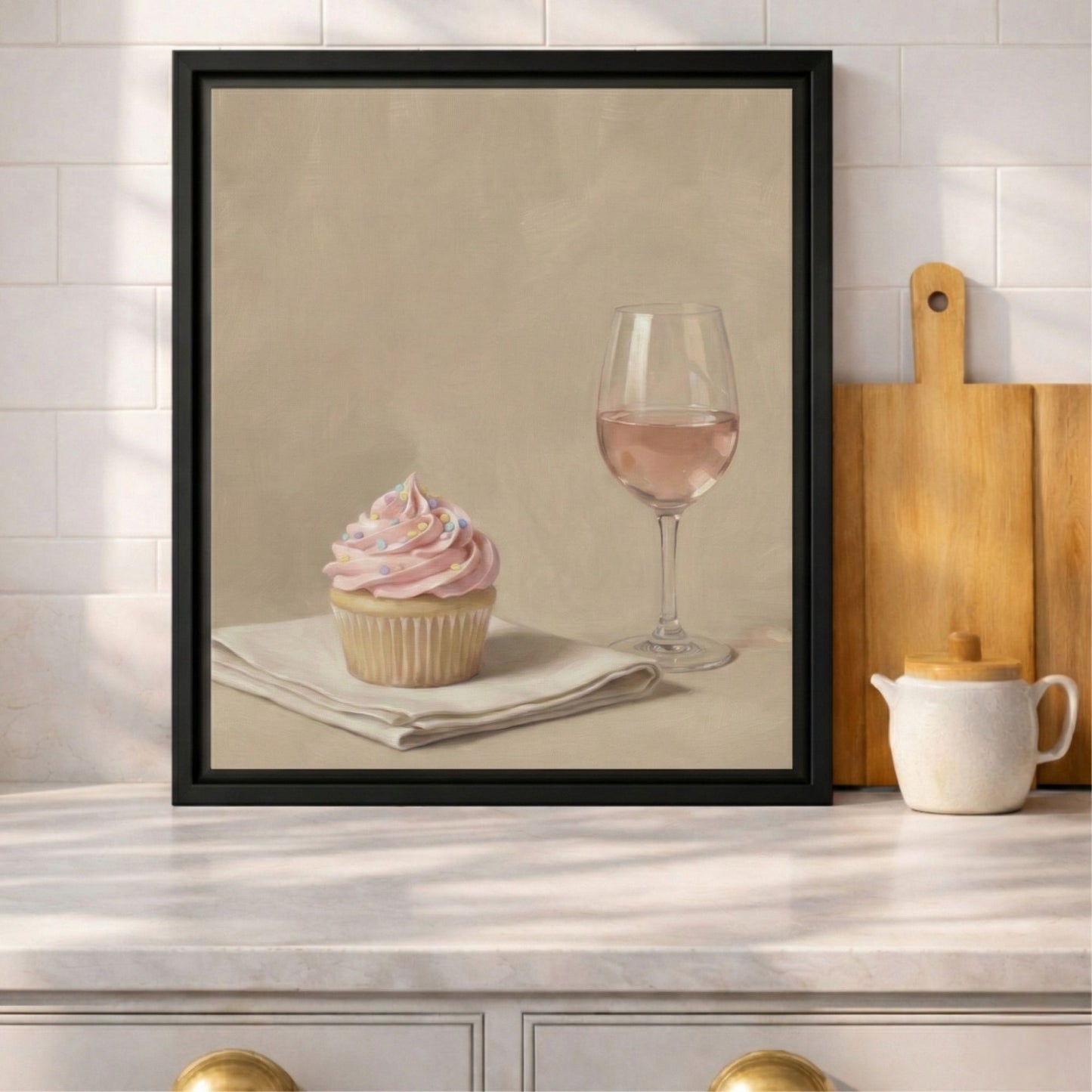 Soft Frosting, Slow Sips Framed Kitchen Canvas Wall Art