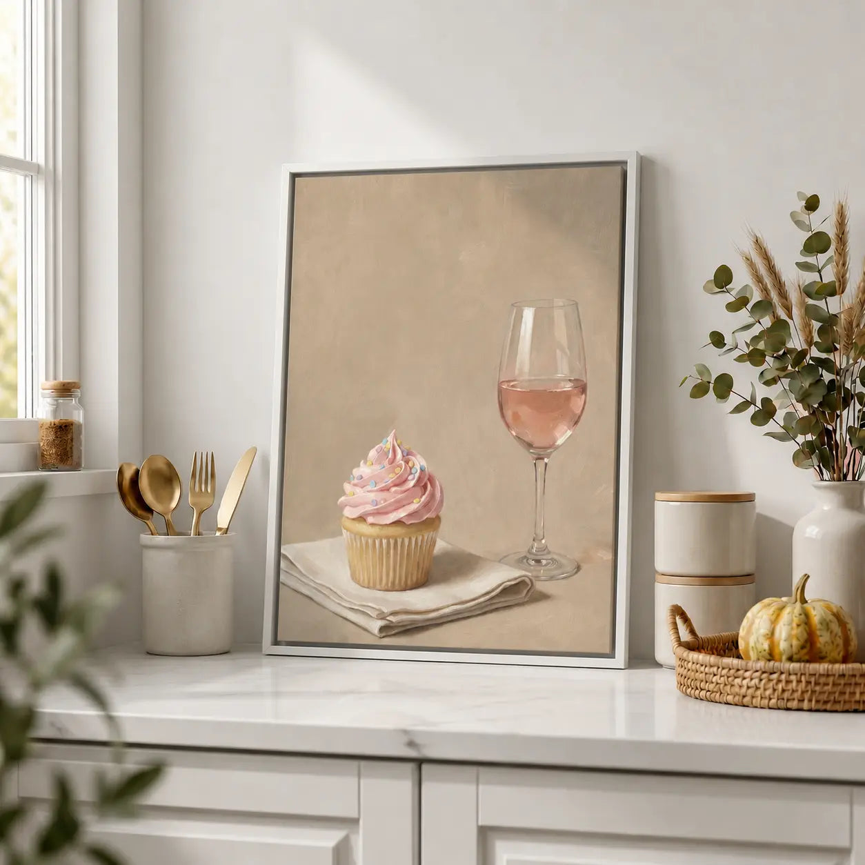 Soft Frosting, Slow Sips | Framed Kitchen Wall Art Canvas