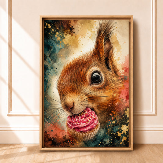 Squirrel Print on Canvas | Framed Pink Cupcake Art | Kitschy Kitchen Art