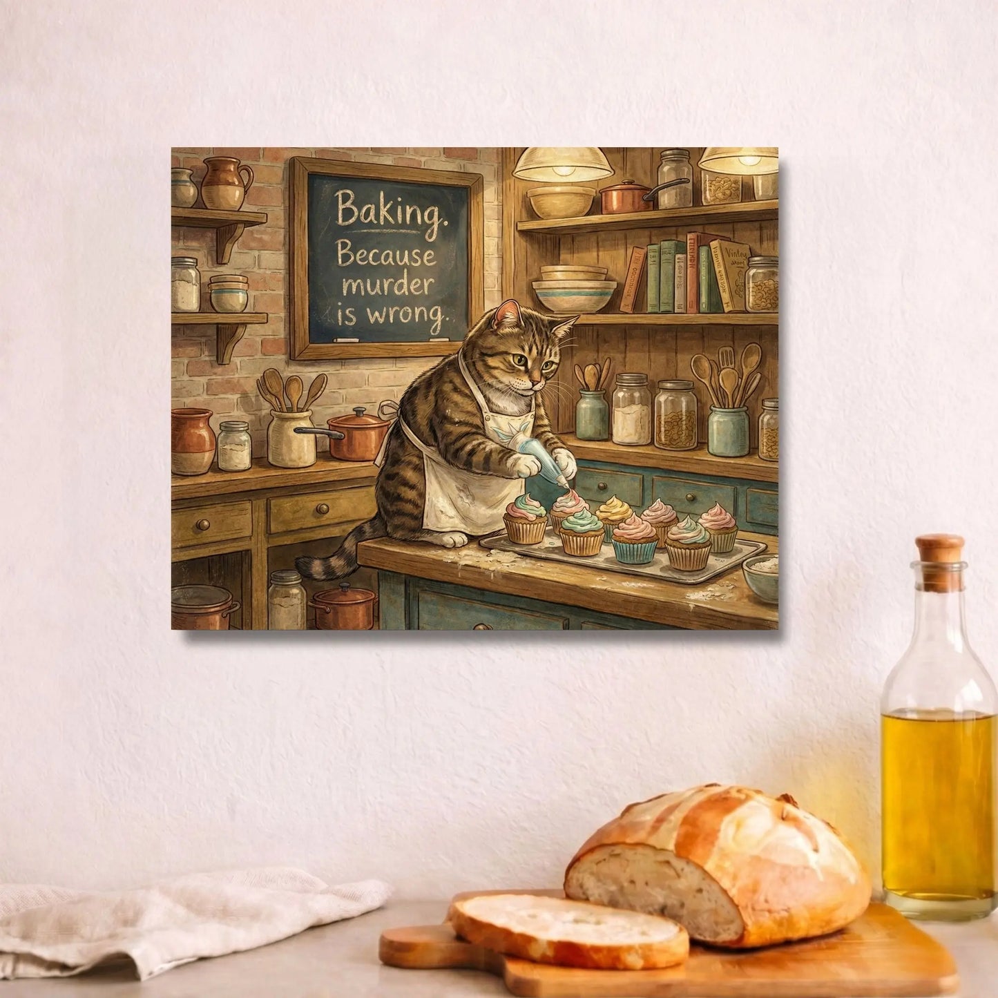 Baking Because Murder Is Wrong | Cat Lover Kitchen Wall Art Canvas